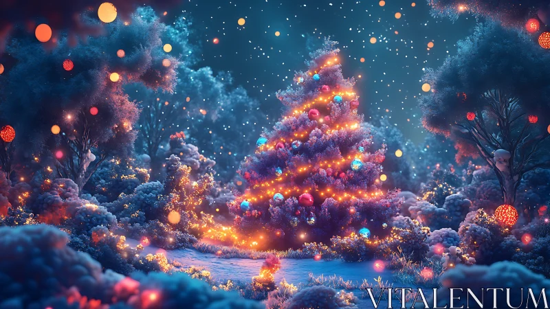Enchanted winter Christmas tree glows with vivid lights.