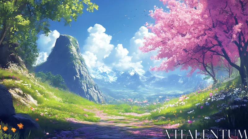 Vibrant spring valley path framed by cherry blossoms and peaks