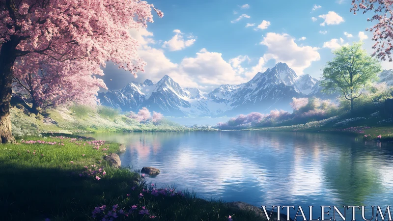 Alpine lake with cherry blossom canopy and snowbound massif.