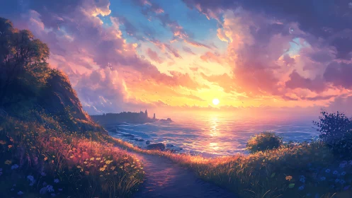 Sunlit coastal path with volumetric clouds and saturated rim lighting