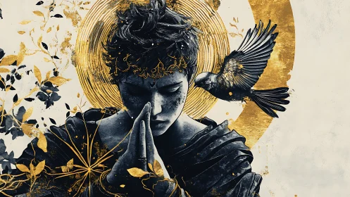 Golden haloed youth in prayer with black bird companion.