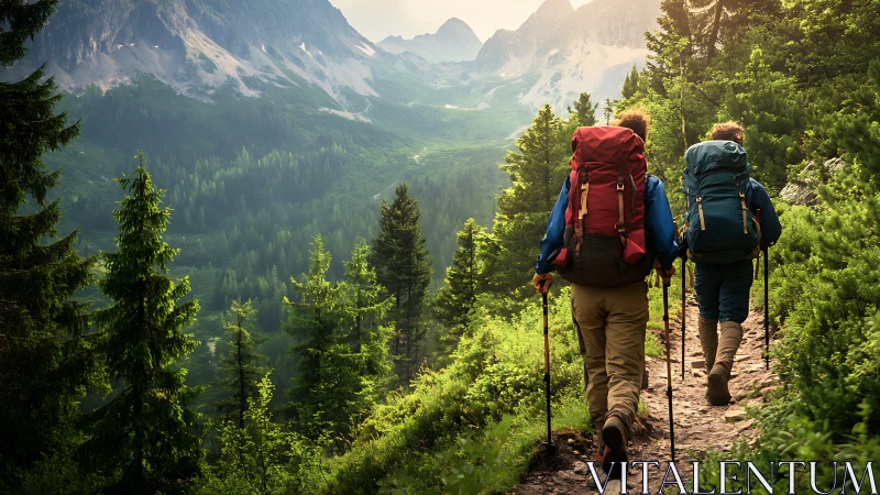 Backpackers ascend lush alpine trail toward sunlit peaks.