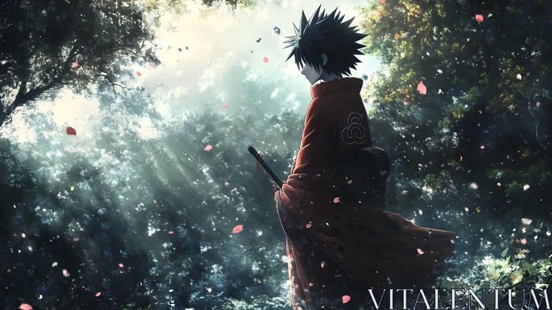 Quiet anime wanderer in glowing forest of drifting petals.