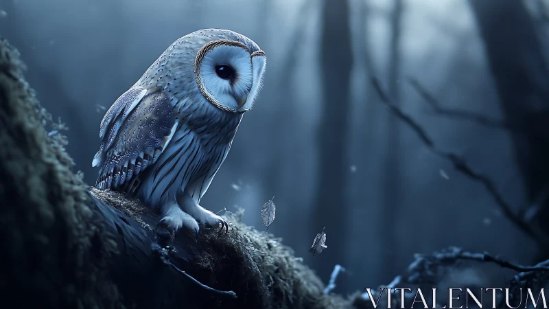 Enigmatic barn owl perched in moonlit forest, photorealistic style.