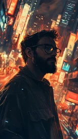 Brooding man in neon city glow at night, lost in thought.