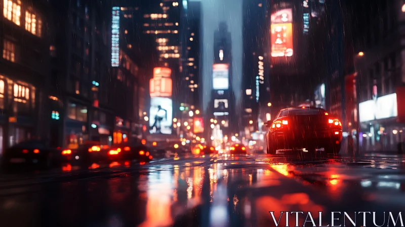 Night rain city street reflects neon car lights in motion