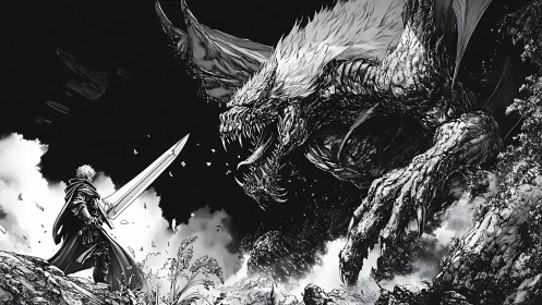 Lone swordsman confronts roaring dragon in stormy monochrome clash