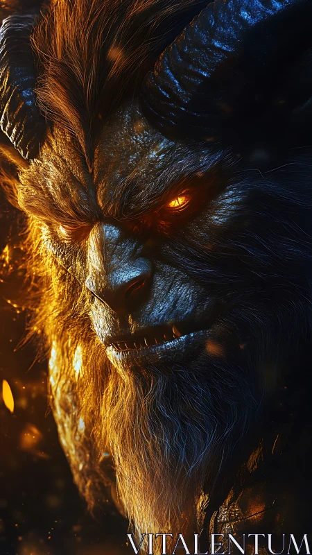 Infernal horned beast portrait in blazing ember light.