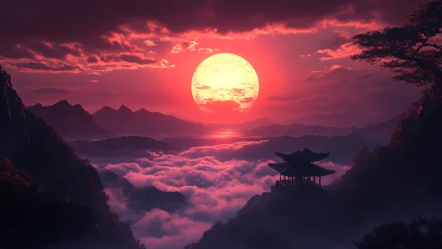 Crimson sun over misty mountains and distant temple.
