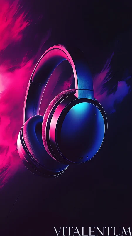 Neon Headphones Against Luminous Magenta and Cyan Gradient Background
