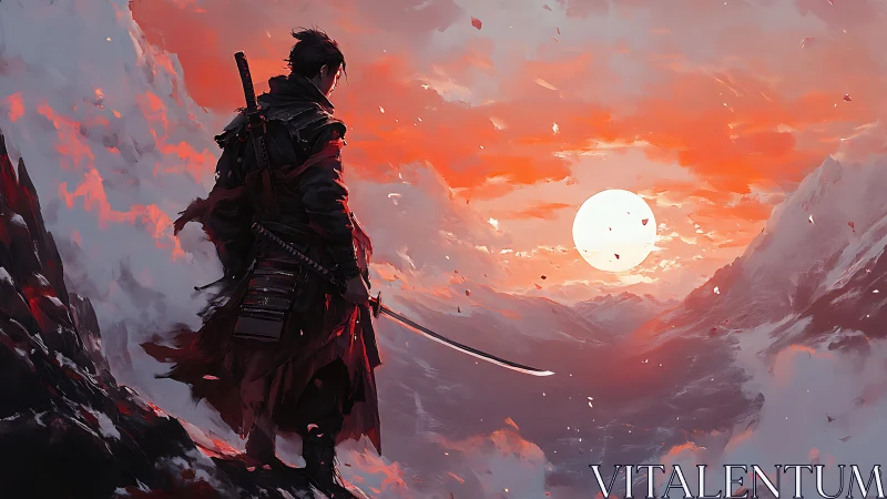 Lone samurai quietly greets a blazing red mountain sunrise