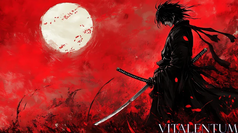 Moonlit ronin carves stillness through a storm of red sky