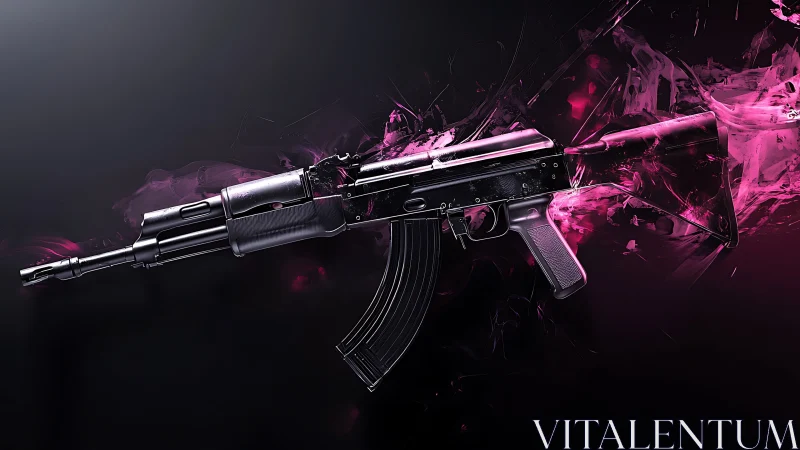 Rifle rendering with magenta abstract fluid background.