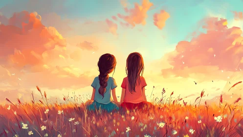 Two girls watch a luminous sunset across wildflower meadows