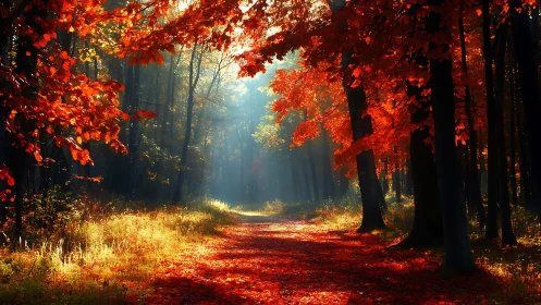 Autumn's Luminous Corridor Glows Through Shadowed Woodland Depths