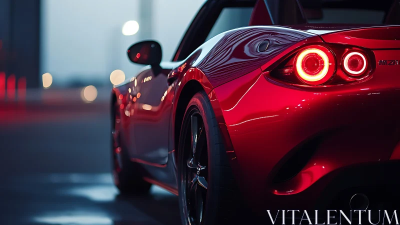 Red sports convertible with illuminated circular tail lights.