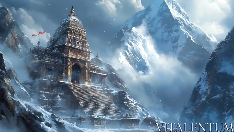 Ancient Himalayan temple stands amid swirling mountain snow.
