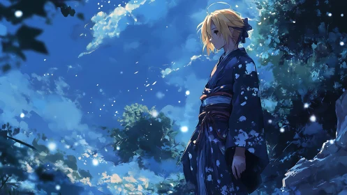 Quiet night stroll beneath drifting sky blossoms.