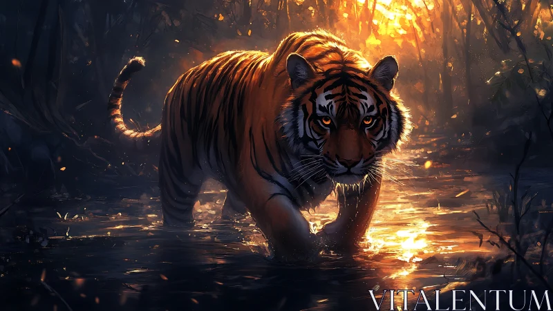 Cinematic low-angle tiger strides through reflective jungle water