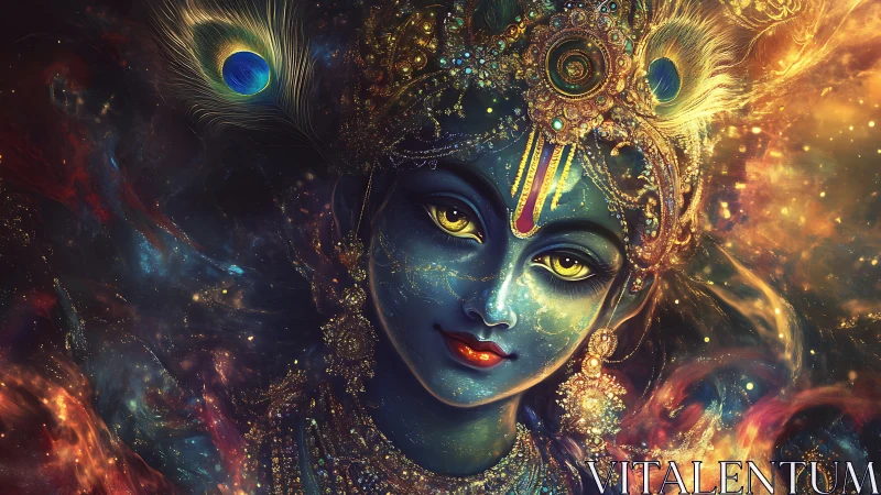 Cosmic blue deity portrait with jeweled headdress and nebular glow