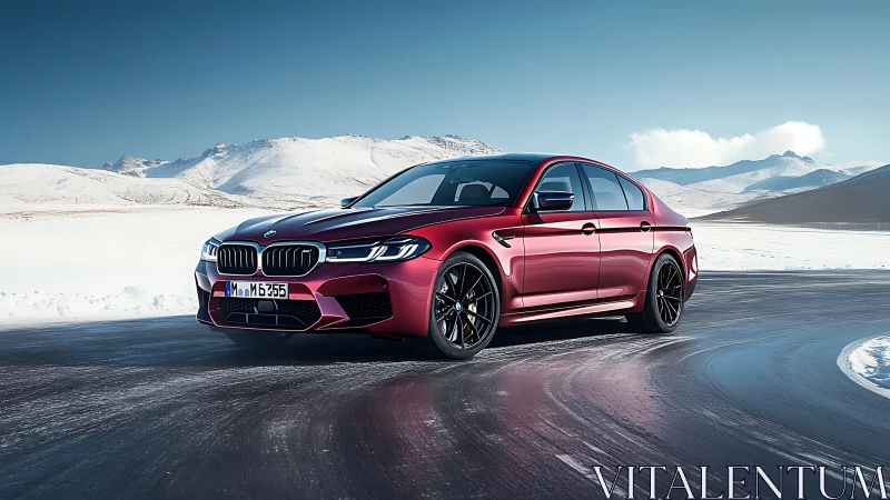 Crimson sports sedan glides confidently across a winter road