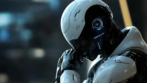 Humanoid robot in reflective pose under cool cinematic lighting