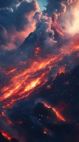 Volcanic eruption with lava flows cascading down mountainside