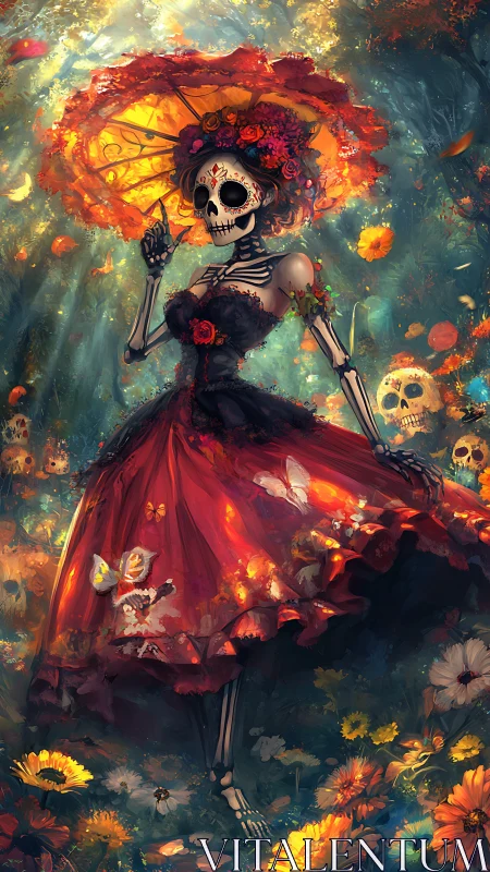 Scarlet skeleton serenades wildflowers beneath a burning parasol