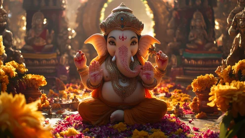 Gentle Ganesha idol glowing amid marigolds and soft light.