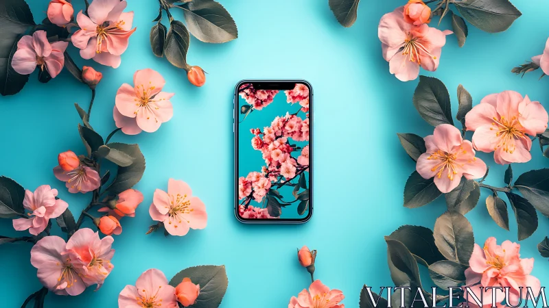 Floral Flat Lay with Smartphone Centerpiece on Turquoise.