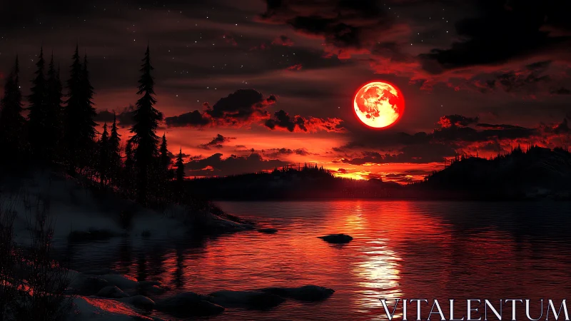 Crimson lunar reflection over nocturnal conifer shoreline.