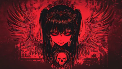 Dark winged anime girl portrait with crimson skull emblem