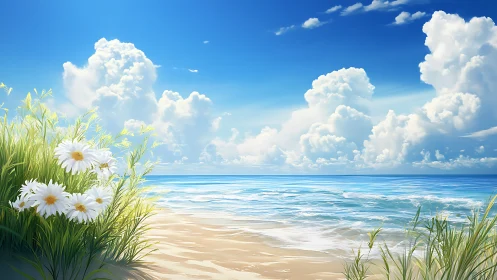 Coastal daisies under cumulus clouds in luminous digital seascape