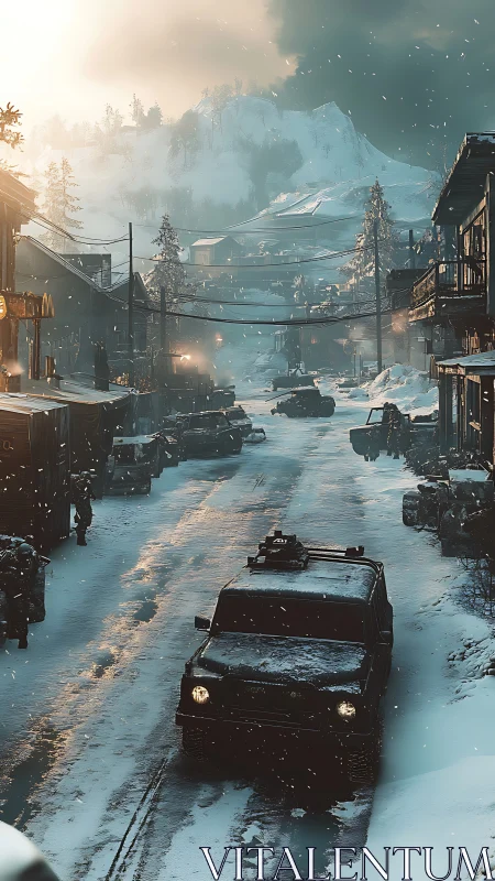 Armored convoy advances through narrow snowbound mountain village street