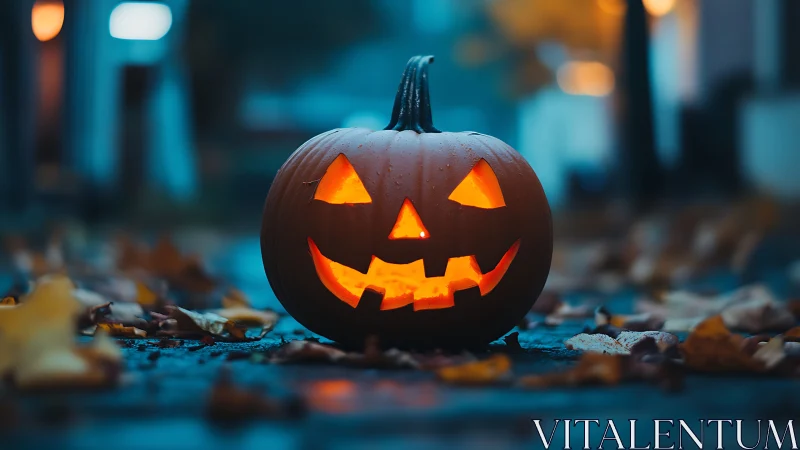 Jack-o-lantern glow crowns a leaf-strewn twilight street.
