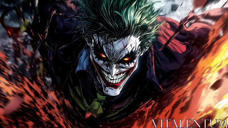 Sinister clown lunges through explosive inferno chaos