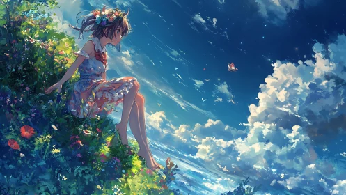Dreamy hillside girl gazes into a sunlit, cloud-soft sky