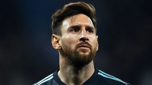 Close-up portrait of male football player in dark jersey.