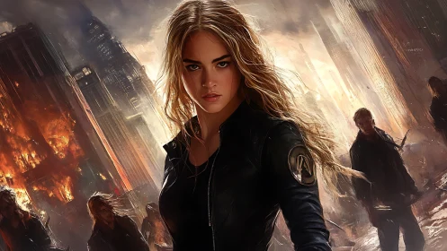Determined blonde warrior in burning futuristic cityscape.