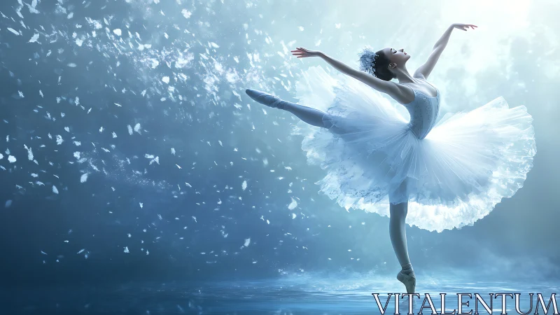 Luminescent ballet arabesque amid volumetric snowfields.