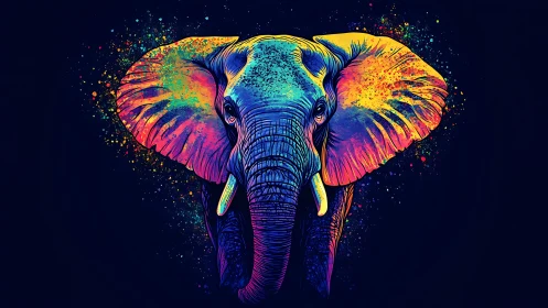 Neon storm elephant strides through cosmic color splashes.
