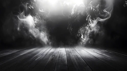 Monochrome wooden stage under swirling abstract smoke light.