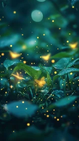 Bioluminescent butterfly swarm illuminating macro forest floor