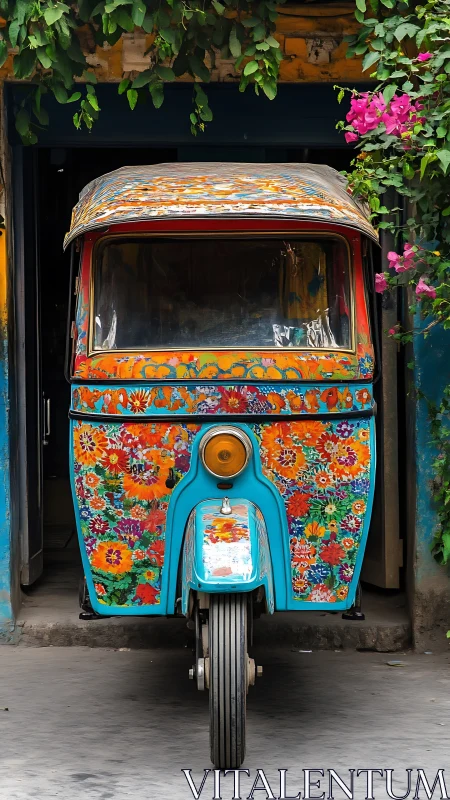 Floral rickshaw stands in a vibrant alleyway doorway