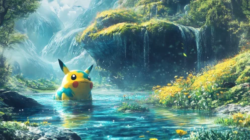 Pikachu wades through a spellbound waterfall valley sanctuary.