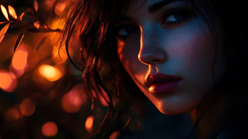 Moody portrait glows with cinematic orange teal bokeh.