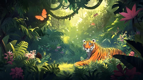 Tiger rests in dense jungle clearing under filtered sunlight