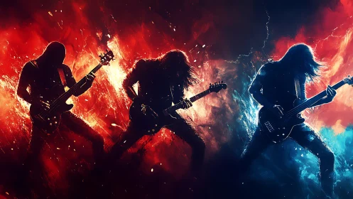 Rock guitar trio erupts through blazing red and blue energy