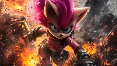 Feline commando rockets through shrapnel-bright inferno skies