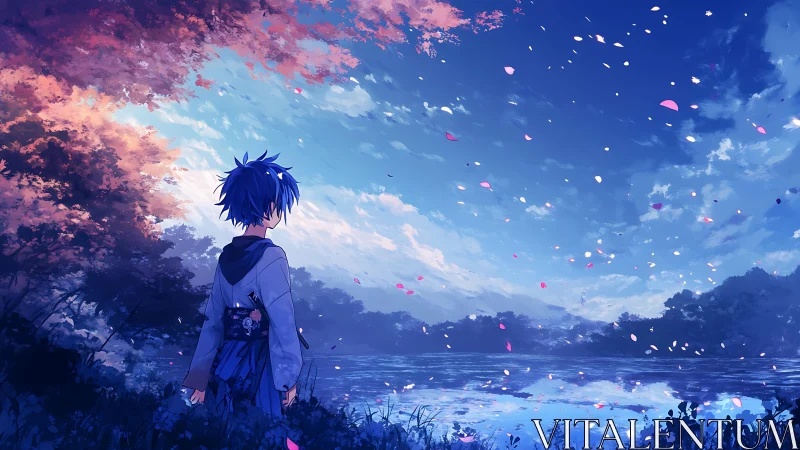 Boy in kimono stands by riverside under petal filled sky.